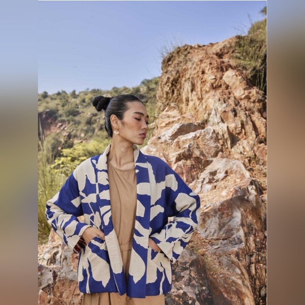 Blue and Cream Patterned Open Front Blazer Jacket for Women
